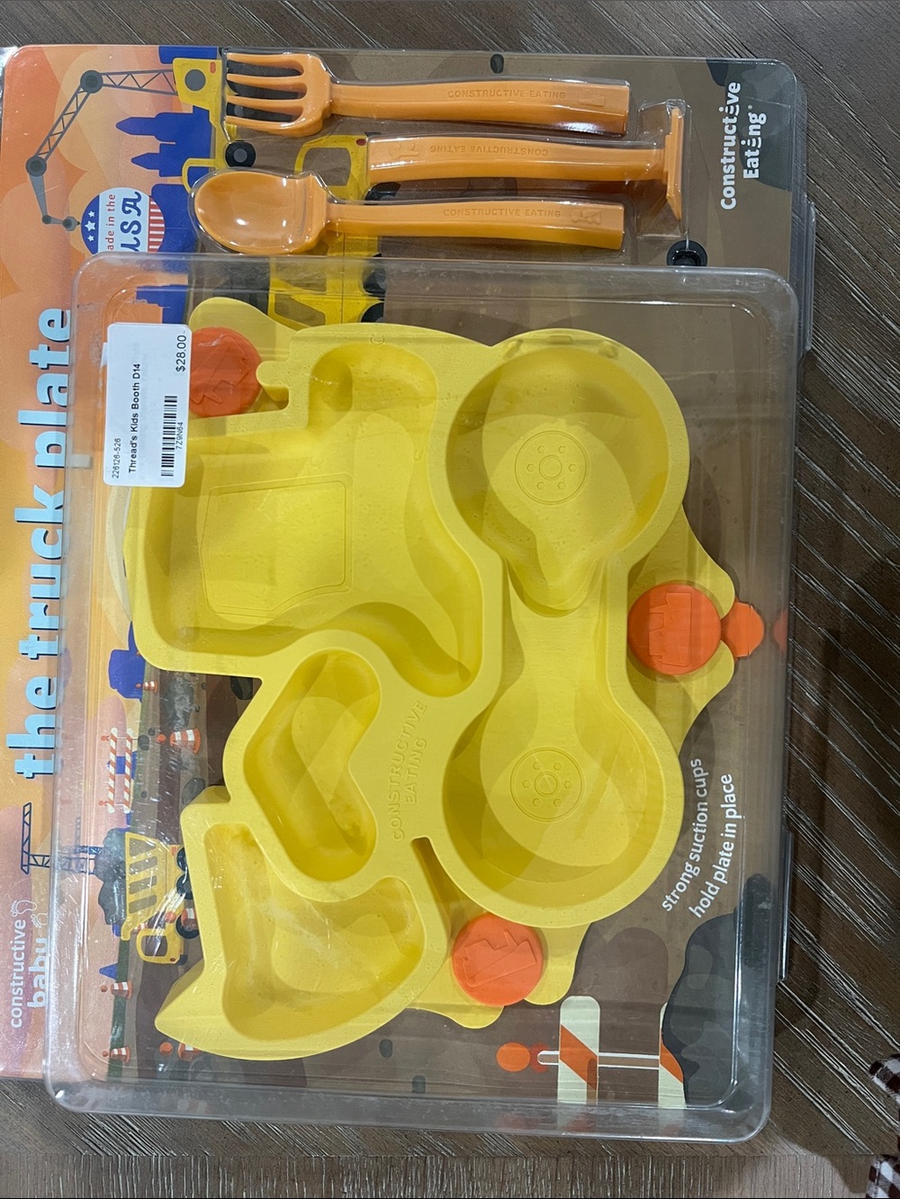 Construction Truck Suction Plate Kids Feeding Set - Yellow with Orange Utensils